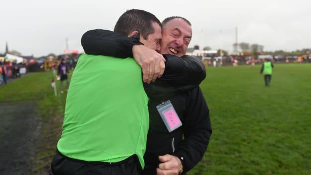 Corofin manager Kevin O'Brien celebrates with Chairman Michael Ryder following the 2019 Galway SFC Final replay win over Tuam Stars.
