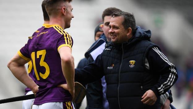 Manager Davy Fitzgerald and Cathal Dunbar following Sunday's Allianz Hurling League Division 1A win against Cork at Pairc Ui Chaoimh.