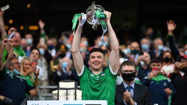 Limerick captain Declan Hannon lifts the Liam MacCarthy Cup. 