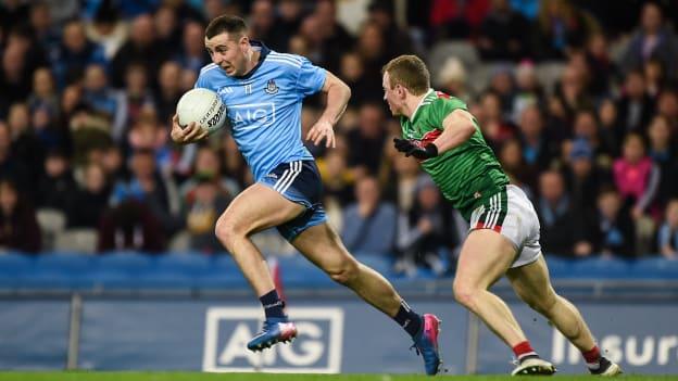 Cormac Costello of Dublin in action against Colm Boyle of Mayo during the Allianz Football League Division 1 Round 4 match between Dublin and Mayo at Croke Park in Dublin.