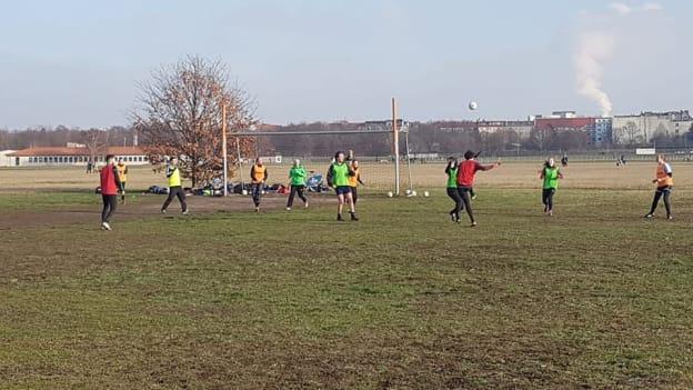 Berlin GAA club-members train with improvised soccer-goals at Tempelhof Airport. 