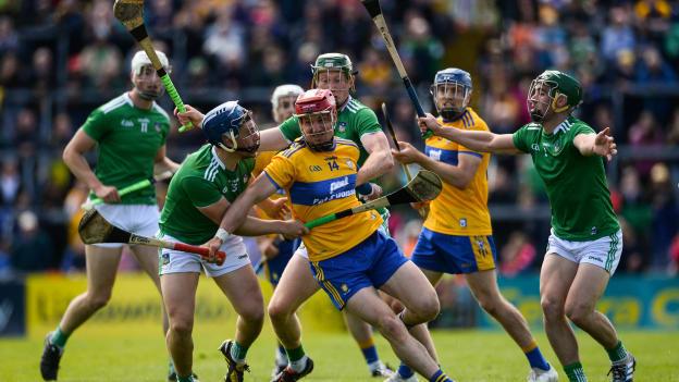 John Conlon of Clare in action against Mike Casey, William O'Donoghue and Seán Finn of Limerick during the 2019 Munster GAA Hurling Senior Championship Round 4 match between Limerick and Clare at the LIT Gaelic Grounds in Limerick. 