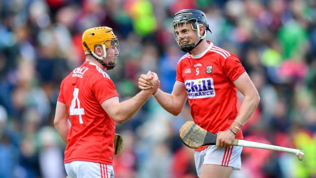 Niall O'Leary and Darragh Fitzgibbon celebrate following Cork's victory over Limerick at the Gaelic Grounds.