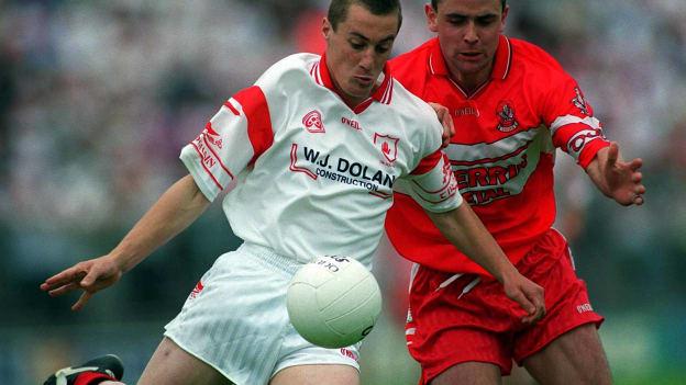 Tyrone's Brian McGuigan in action during the 2001 All Ireland SFC Quarter-Final against Derry.