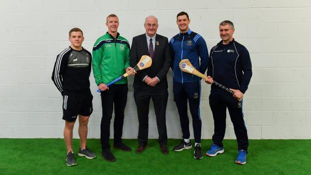 Uachtarán Chumann Lúthchleas Gael John Horan with Bank of Ireland Ambassadors, from left, Clare hurler Podge Collins, Ballyhale Shamrocks manager Henry Shefflin, Tipperary hurler Séamus Callanan, and Tipperary manager Liam Sheedy at the launch of the Bank of Ireland Celtic Challenge 2019 at Croke Park in Dublin.