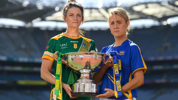Meath's Máire O’Shaughnessy and Tipperary's Samantha Lambert pictured ahead of the TG4 All Ireland Intermediate Ladies Football Final at Croke Park.