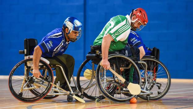 Lorcan Madden, Leinster, and Sultan Ka Ka, Munster, during the 2018 M Donnelly GAA Wheelchair All Ireland Finals at the National Indoor Arena in Abbotstown.