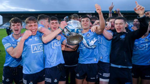 Dublin players celebrate with the cup after the Electric Ireland Leinster GAA Minor Football Championship Final match between Dublin and Kildare at MW Hire O'Moore Park in Portlaoise, Laois. 