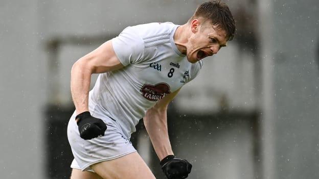 Kevin Feely of Kildare celebrates after scoring his side's first goal via a penalty during the Leinster GAA Football Senior Championship Quarter-Final match between Kildare and Louth at O'Connor Park in Tullamore, Offaly. 