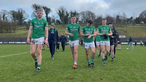 Fermanagh players walk off the pitch in Ederney after their win over Longford this afternoon. 