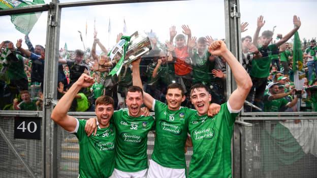 Limerick players, from left, Colin Ryan, Barry O'Connell, Gearóid Hegarty and Diarmaid Byrnes celebrate following the GAA Hurling All-Ireland Senior Championship Final between Galway and Limerick at Croke Park in Dublin.