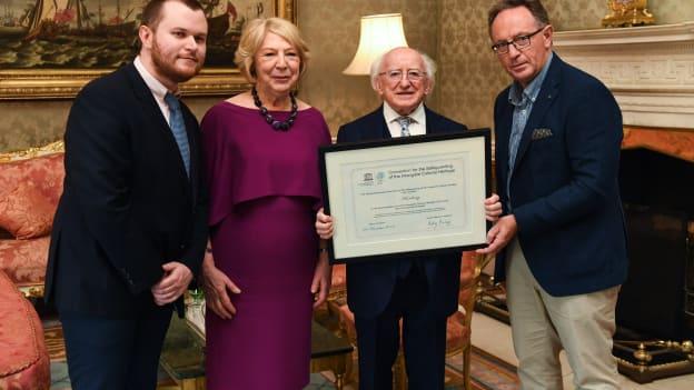 The President of Ireland Michael D Higgins and his wife Sabina greet Stephen Kenneally, Department of Culture, left, and Pat Daly, GAA Director of Games Development and Research, who presented the UNESCO certificate for their recognition of hurling, during a reception for the 2018 All-Ireland Hurling Champions Limerick at Áras an Uachtaráin in Dublin. 