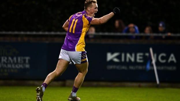 Shane Cunningham of Kilmacud Crokes celebrates after scoring his side's first goal during the Go Ahead Dublin County Senior Club Football Championship Semi-Final match between Kilmacud Crokes and Ballyboden St Enda's at Parnell Park in Dublin.
