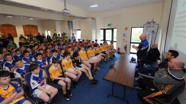 The GAA's National Hurling Development Manager, Martin Fogarty, makes a presentation to players at the launch of the Táin Óg Hurling League. 