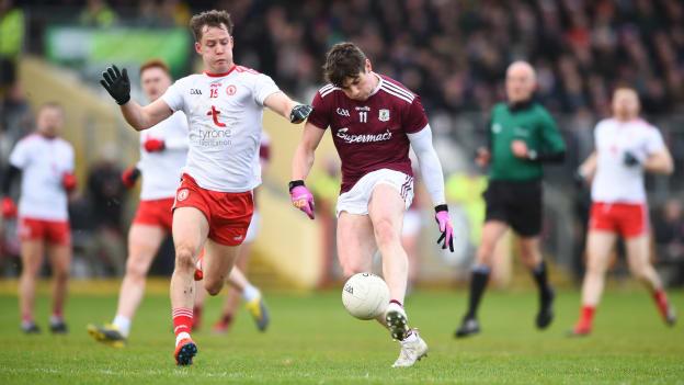 Shane Walsh, Galway, and Kieran McGeary, Tyrone, in Allianz Football League action at Healy Park.