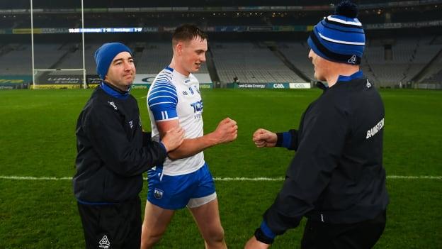 Austin Gleeson of Waterford is congratulated by manager Liam Cahill, right, and selector Michael Bevans following the GAA Hurling All-Ireland Senior Championship Semi-Final match between Kilkenny and Waterford at Croke Park in Dublin. 