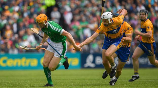 Seamus Flanagan, Limerick, and Conor Cleary, Clare, in Munster Senior Hurling Championship action at Cusack Park, Ennis.