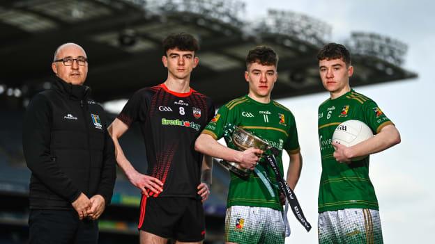 In attendance at the Masita All-Ireland Post Primary Schools Captains Call at Croke Park in Dublin were, from left, Chair of the GAA National Post Primary Schools Committee Liam O’Mahony, Rían O'Connell of O'Carolan College, Cathal and Jack McElligott of St Pats Castleisland. 