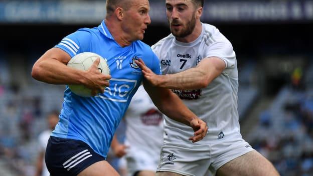 Ciarán Kilkenny of Dublin is tackled by Kevin Flynn of Kildare during the Leinster GAA Football Senior Championship Final match between Dublin and Kildare at Croke Park in Dublin. 