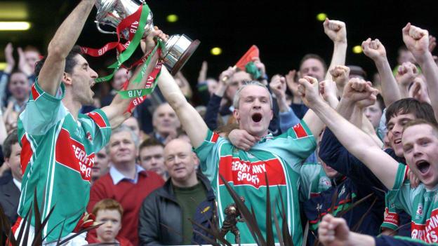 Brian Ruane, Ballina Stephenites captain, celebrates with Liam Brady, right and teammates after victory over Portlaoise in the 2005 AIB All-Ireland Club SFC Final. 