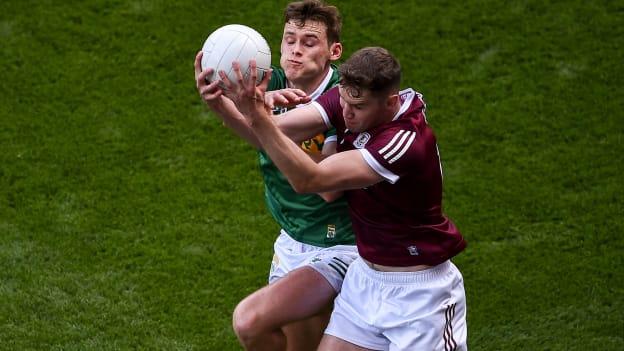 Gavin White, Kerry, and Patrick Kelly, Galway, collide during the 2022 All-Ireland SFC Final at Croke Park. Photo by Daire Brennan/Sportsfile