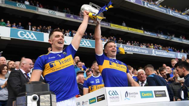 Tipperary's Ronan, left, and Padraic Maher lift the Liam MacCarthy Cup after the 2019 GAA Hurling All-Ireland Senior Championship Final match between Kilkenny and Tipperary at Croke Park in Dublin.