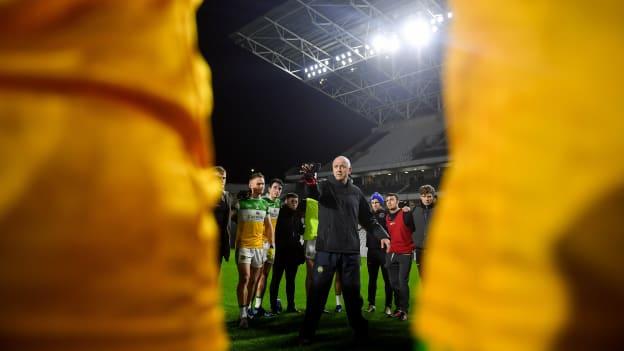 Offaly manager John Maughan speaking to his players following last Saturday's loss against Cork.