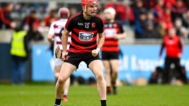 Billy O'Keeffe of Ballygunner celebrates after scoring his side's first goal during the AIB GAA Hurling All-Ireland Senior Club Championship Semi-Final match between Ballygunner, Waterford, and Slaughtneil, Derry, at Parnell Park in Dublin. 