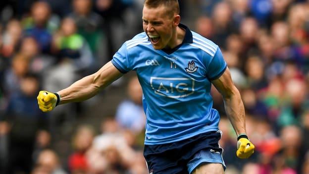 Con O'Callaghan of Dublin celebrates after scoring his side's first goal during the GAA Football All-Ireland Senior Championship Semi-Final match between Dublin and Mayo at Croke Park in Dublin.