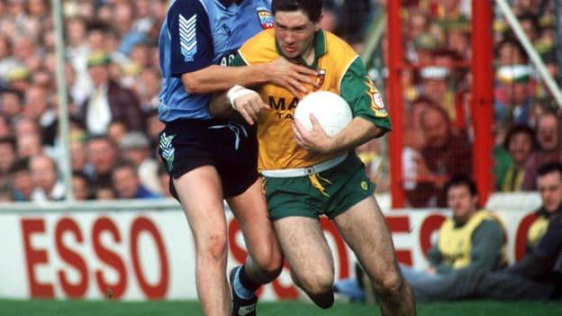Keith Barr, Dublin, and Martin McHugh, Donegal, collide during the 1992 All Ireland SFC Final at Croke Park.