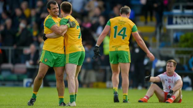 Eoghan Bán Gallagher, left, and Frank McGlynn of Donegal celebrate after the Ulster GAA Football Senior Championship semi-final match between Donegal and Tyrone at Kingspan Breffni Park in Cavan.