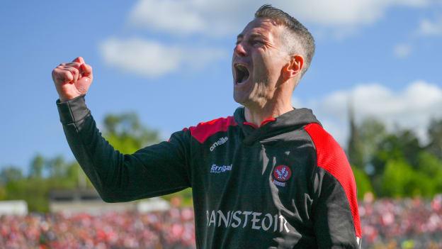 Derry manager, Rory Gallagher, celebrates a late point in the Ulster SFC Final against Doengal. 