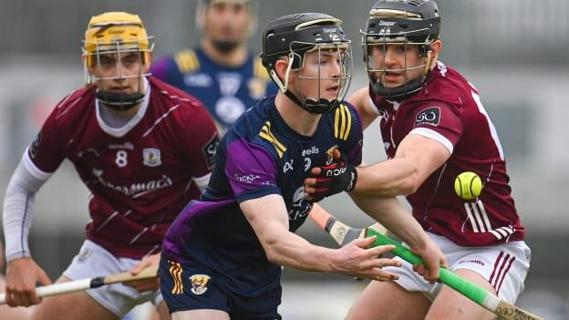 Corey Byrne Dunbar of Wexford in action against Alex Connaire of Galway, right, during the Dioralyte Walsh Cup Final match between Wexford and Galway at Netwatch Cullen Park in Carlow. Photo by Seb Daly/Sportsfile.
