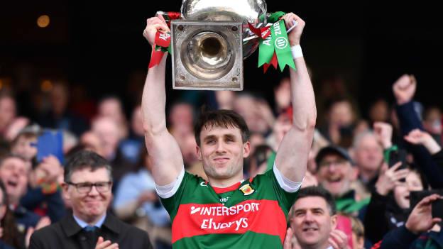 Mayo captain Paddy Durcan lifts the cup after his side's victory in the Allianz Football League Division 1 Final match between Galway and Mayo at Croke Park in Dublin. Photo by Sam Barnes/Sportsfile.