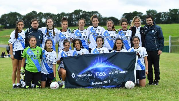 The Galicia, Europe, Native Born Ladies Football squad during the Renault GAA World Games 2019 Day 2 at WIT Arena, Carriganore, Co. Waterford. Photo by Piaras Ó Mídheach/Sportsfile.