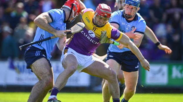 Lee Chin of Wexford in action against Paddy Smyth, left, and John Bellew of Dublin during the Leinster GAA Hurling Senior Championship Round 1 match between Wexford and Dublin at Chadwicks Wexford Park in Wexford. Photo by Tyler Miller/Sportsfile