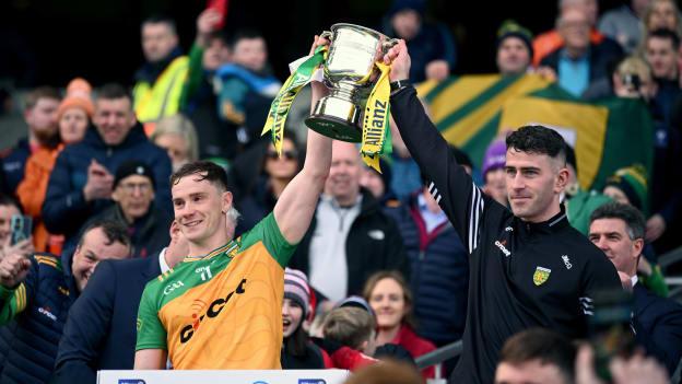 Donegal joint-captains Ciarán Thompson, left, and Patrick McBrearty lift the trophy after the Allianz Football League Division 2 Final match between Armagh and Donegal at Croke Park in Dublin. Photo by Ramsey Cardy/Sportsfile.