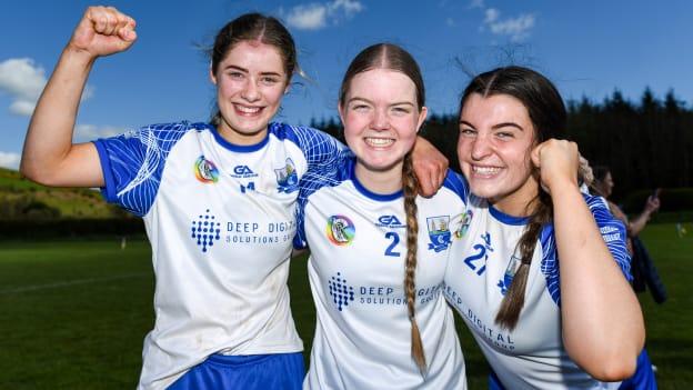 Waterford players, from left, Maggie Gostl, Alex Healy and Aoife Connelly of Waterford celebrate after the Electric Ireland All-Ireland Camogie Minor A semi-final match between Cork and Waterford at Kilcommon in Tipperary. Photo by Tom Beary/Sportsfile.