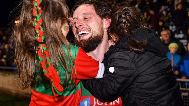 Padraig O'Hora of Ballina Stephenites celebrates with his daughters Mila-Rae, left, and Sadie-Rose after his side's victory in the Mayo County Senior Club Football Championship final match between Ballina Stephenites and Breaffy at Hastings Insurance MacHale Park in Castlebar, Mayo. Photo by Piaras Ó Mídheach/Sportsfile