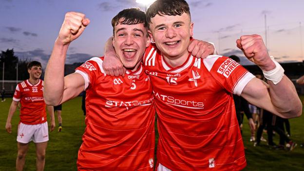 Louth players Tadhg McDonnell and Darragh Dorian celebrate after their side's victory in the EirGrid Leinster GAA Football U20 Championship semi-final match between Dublin and Louth at Parnell Park in Dublin. Photo by Sam Barnes/Sportsfile.