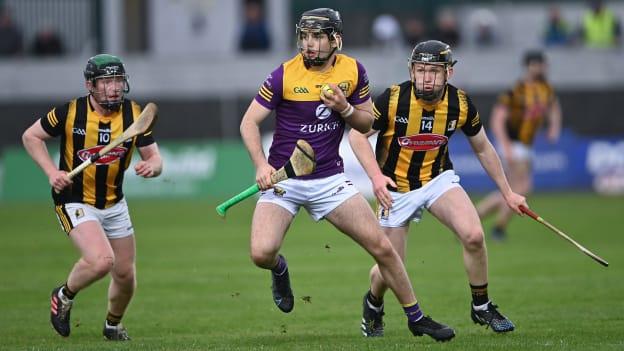 Cian Molloy of Wexford in action against Kilkenny players Andy Hickey, left, and Gearóid Dunne during the 2022 oneills.com Leinster GAA Hurling U20 Championship Final match between Wexford and Kilkenny at Netwatch Cullen Park in Carlow. Photo by Piaras Ó Mídheach/Sportsfile