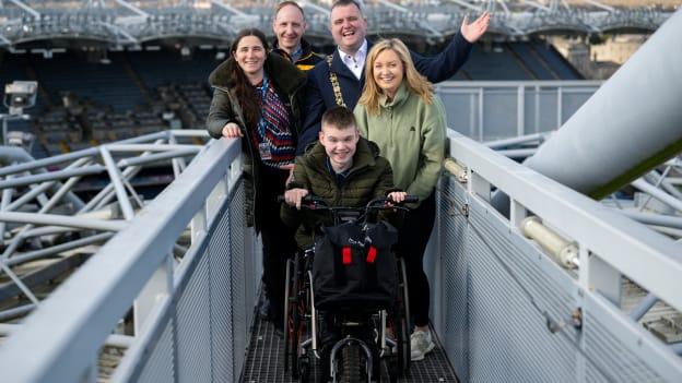 James Casserly pictured with his parents, Vicki and Paul, GAA Diversity & Inclusion Officer Ger McTavish, and Lord Mayor of Dublin Daithí de Róiste pictured at Croke Park.