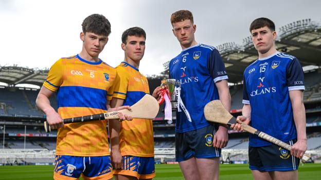 In attendance at the Masita All-Ireland Post Primary Schools Captains Call at Croke Park in Dublin are, from left, Cian Cloherty, Cian Corcoran from Coláiste Éinde, Salthill, and Colm Kennedy and Shane Flanagan from St. Mary's, Newport. Photo by David Fitzgerald/Sportsfile
