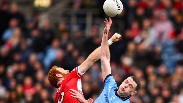 Conor Glass of Derry and Brian Fenton of Dublin during the 2024 Allianz Football League Division 1 Final match between Dublin and Derry at Croke Park in Dublin. Photo by Ramsey Cardy/Sportsfile