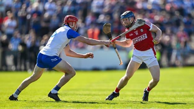 Conor Lehane of Cork is tackled by Tadhg de Burca of Waterford during the Munster GAA Hurling Senior Championship Round 1 match between Waterford and Cork at Walsh Park in Waterford. Photo by Brendan Moran/Sportsfile.