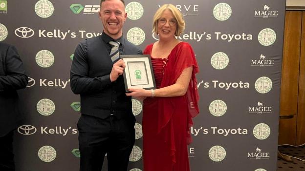
Mary Coughlan pictured presenting the 2023 Senior Player of the Year to Gavin Mulreany of St. Naul's. 