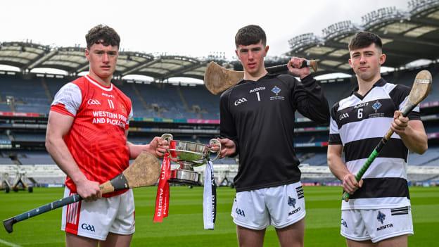 In attendance at the Masita All-Ireland Post Primary Schools Captains Call at Croke Park in Dublin are, from left, Paudie McCarry of St Raphaels Loughrea, Galway, Stephen Minogue and Geoff Neary of St Kierans College, Kilkenny. Photo by David Fitzgerald/Sportsfile.