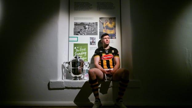 Walter Walsh of Kilkenny poses for a portrait with the Bob O'Keeffe cup at the 'GAA; People, Objects & Stories' exhibition during the launch of the 2024 Leinster GAA Senior Hurling Championship in the National Museum of Ireland in Dublin. Photo by Brendan Moran/Sportsfile.