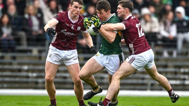 Barry Dan O'Sullivan of Kerry is tackled by John Daly and Cathal Sweeney of Galway during the Allianz Football League Division 1 match between Kerry and Galway at Fitzgerald Stadium in Killarney, Kerry. Photo by Brendan Moran/Sportsfile.