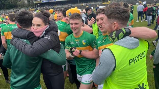 Leitrim players and supporters celebrate after victory over Tipperary secures promotion to Division 3 of the Allianz Football League. 